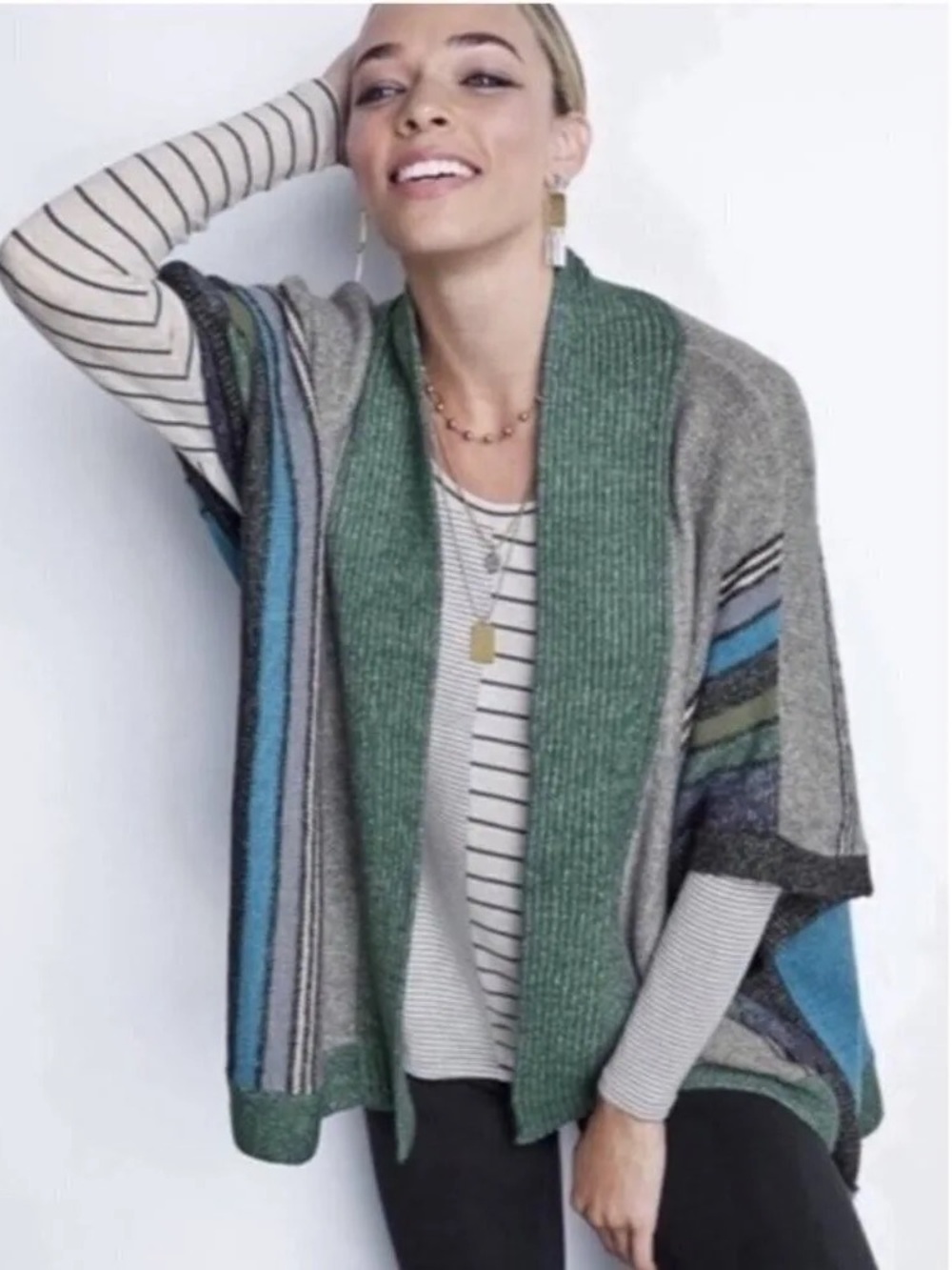 CAbi Striped Knit Poncho Size XS/S Teal Gray Shawl Collar Style 3846